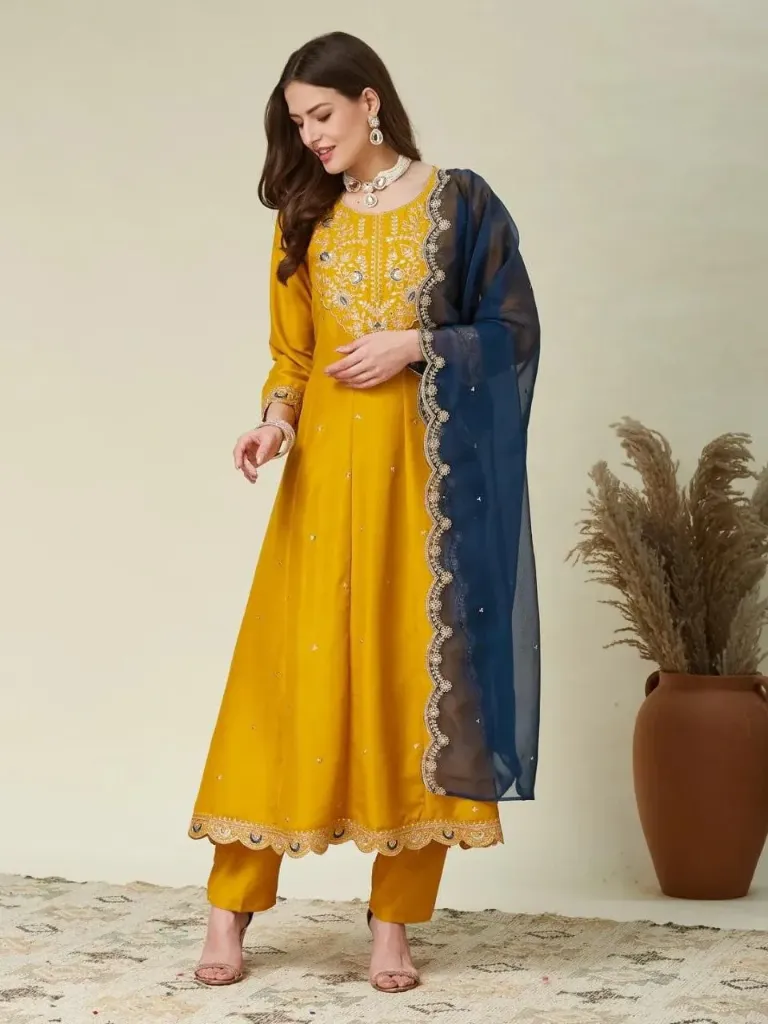 Aariva Signature Embroidered Kurti Pant & Dupatta Set (M(38), Mustard Yellow)