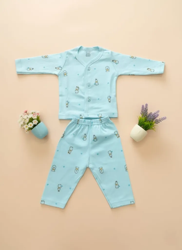 Baby Boys & Girls Unisex Printed Cotton Kids Nightwear 0-3 Months (Aqua Blue)