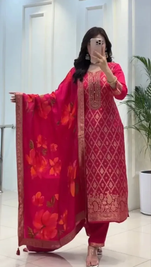 Festive Banarasi Silk Kurti Pant Dupatta Set with Rich Jari Work (M(38))