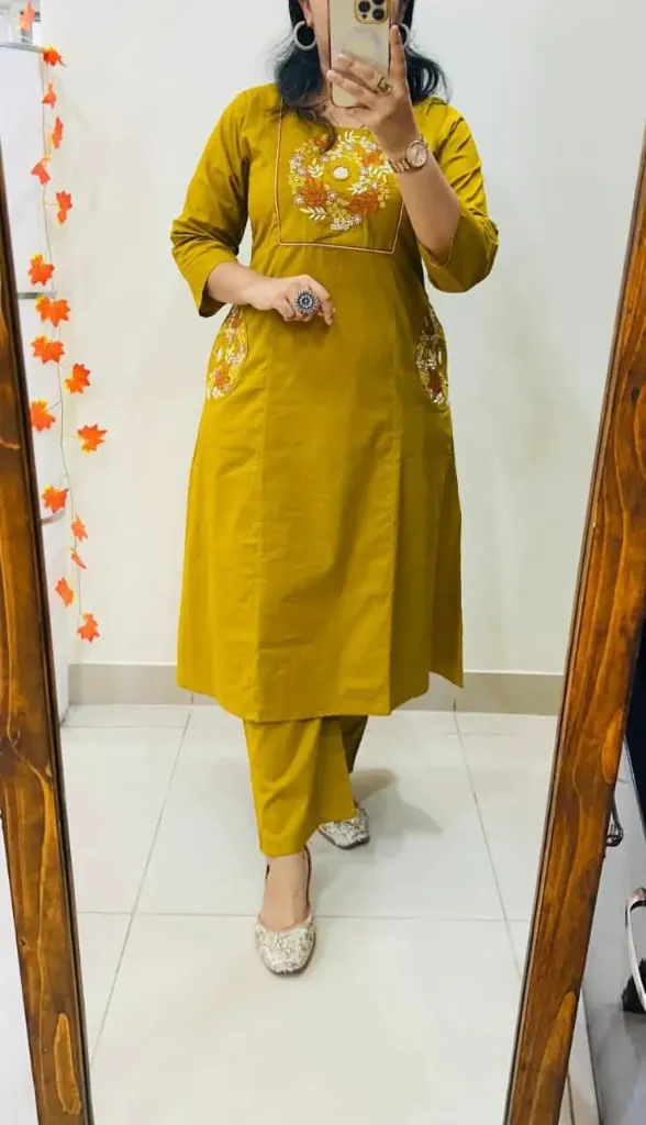 Mustard Cotton Embroidered Kurti Palazzo Set with Pockets (M(38))