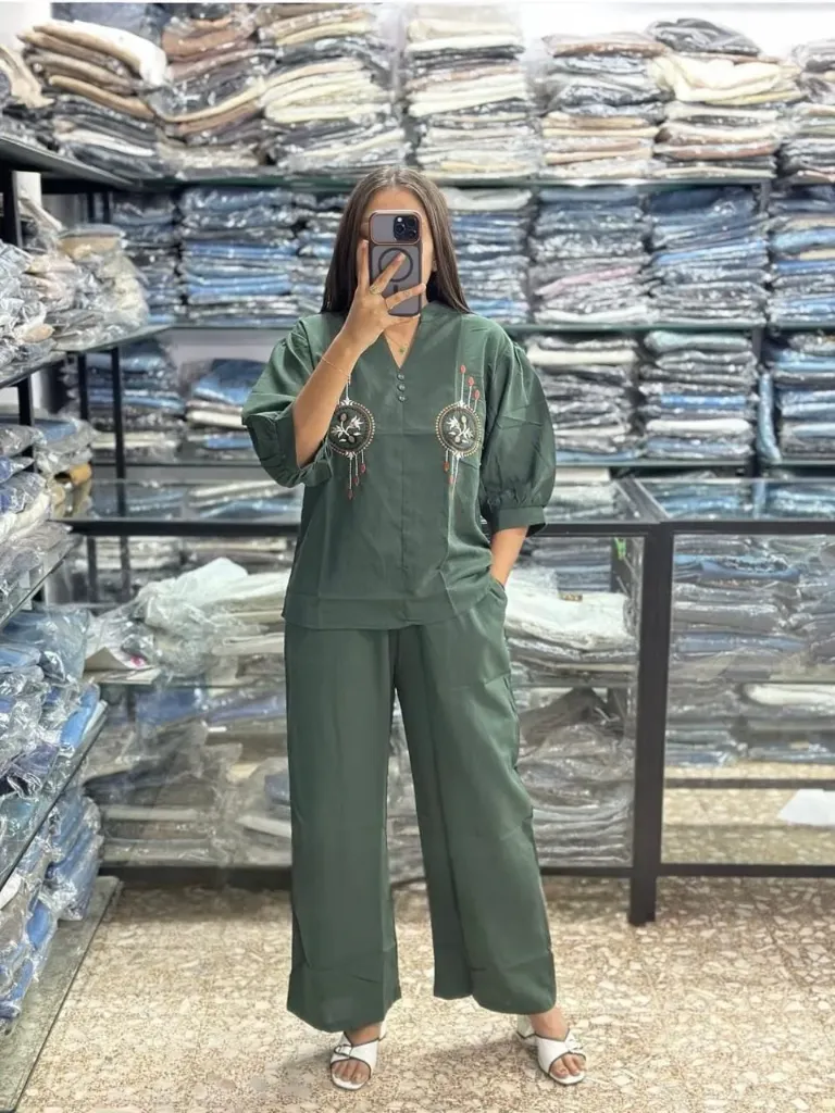 Premium Women Cotton Co-Ord Set | Embroidered Top & Pant | Soft 60×60 Cotton (M(38), Green (Olive))